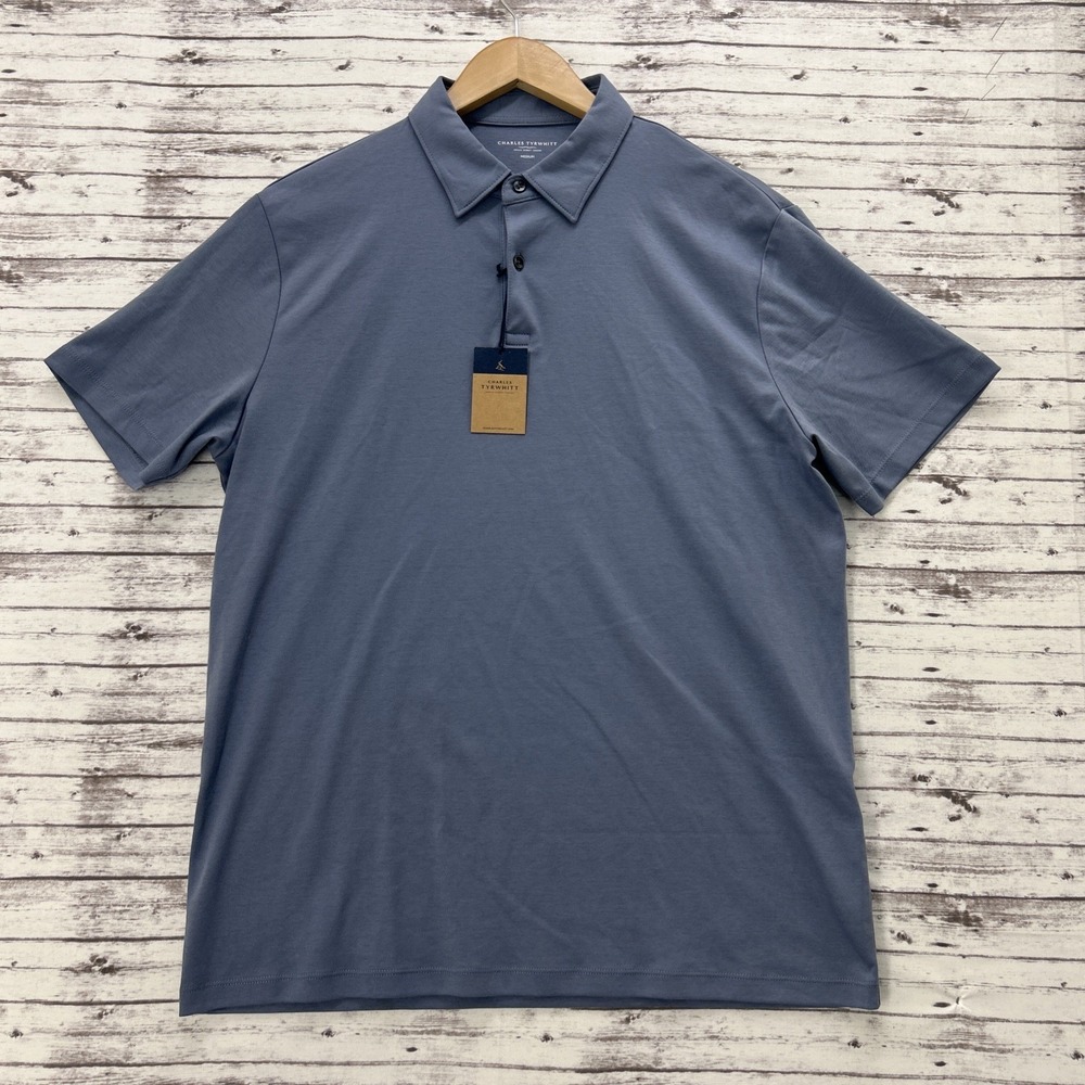 Charles Tyrwhitt Steel Blue Plain Short Sleeve Jersey Polo Mens Size Medium Soft